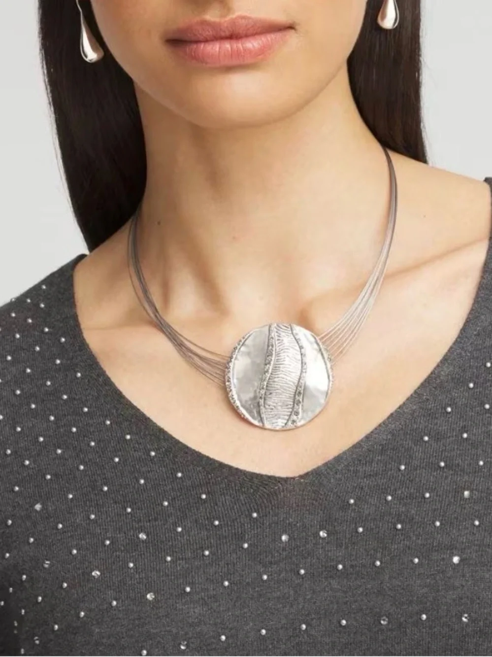 Silver-Tone Round Pendant Necklace - Elegant Metallic Statement
